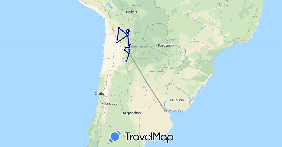 TravelMap itinerary: driving, plane in Argentina, Bolivia (South America)